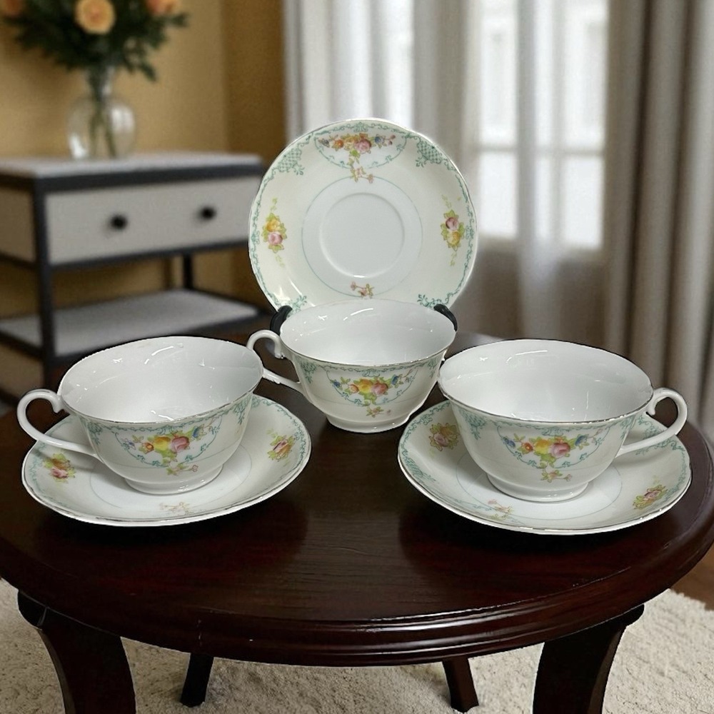 VTG Harco Japan Tea Cup & Saucer SET OF 3 Hand Painted Floral Lattice Porcelain